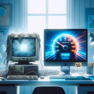 Photo of a clean, well-lit workspace with two computers contrasting in age and performance. On the left, a dusty old desktop computer with a flickering screen, surrounded by tangled cables, represents slow technology. On the right, a sleek latest-generation computer with a vibrant wallpaper of a speedometer at maximum, symbolizing high performance. The environment is bright, with soft blue and white tones to convey a tech-savvy atmosphere. A headline at the top of the image says 'Turbo-Boost Your PC!' and in the lower part of the image, a sticky note with 'Read Now!' is attached to the monitor frame.