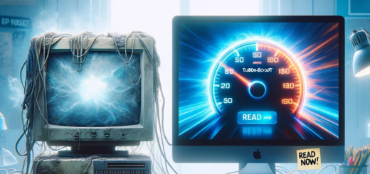 Photo of a clean, well-lit workspace with two computers contrasting in age and performance. On the left, a dusty old desktop computer with a flickering screen, surrounded by tangled cables, represents slow technology. On the right, a sleek latest-generation computer with a vibrant wallpaper of a speedometer at maximum, symbolizing high performance. The environment is bright, with soft blue and white tones to convey a tech-savvy atmosphere. A headline at the top of the image says 'Turbo-Boost Your PC!' and in the lower part of the image, a sticky note with 'Read Now!' is attached to the monitor frame.