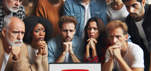Foto einer Gruppe von Menschen unterschiedlichen Alters und unterschiedlicher ethnischer Herkunft, die sich um einen Laptop versammelt haben, auf dessen Bildschirm das YouTube-Logo zu sehen ist. Es ist eine Mischung von Emotionen zu sehen, von Überraschung bis Nachdenklichkeit. Der Raum hat einen zwanglosen Rahmen, vielleicht ein Wohnzimmer oder ein Café, um einen üblichen sozialen Treffpunkt darzustellen, an dem solche Diskussionen stattfinden.