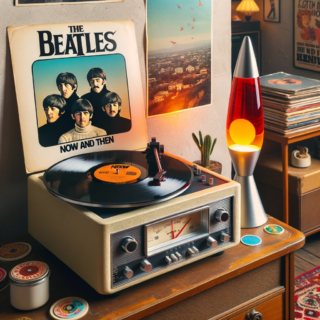 Photo of a vintage vinyl record player from the 1970s with a new vinyl record labeled 'Now And Then' by the Beatles. The room is styled with retro decor, including posters of the Beatles on the walls, a lava lamp on a side table, and a collection of classic Beatles albums displayed on a shelf.