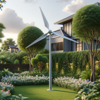 Eine friedliche Gartenszene mit einer modernen, dreiblättrigen Kleinwindkraftanlage, die prominent steht. Das Design der Turbine ist schlank und zeitgemäß.
