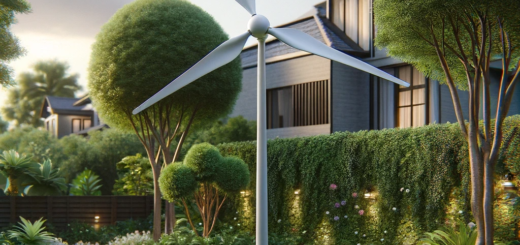 Eine friedliche Gartenszene mit einer modernen, dreiblättrigen Kleinwindkraftanlage, die prominent steht. Das Design der Turbine ist schlank und zeitgemäß.