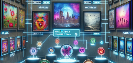 Image that illustrates the diverse applications of Non Fungible Tokens NFTs. Include a digital art gallery with vibrant and unique artwork