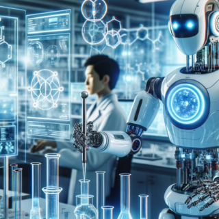 Ein fortschrittlicher Electrolab-Laborroboter führt autonom ein komplexes Experiment in einem hochmodernen Forschungslabor durch, während ein Wissenschaftler im Hintergrund die Prozesse überwacht. Der Roboter symbolisiert die Verschmelzung von Künstlicher Intelligenz und wissenschaftlicher Präzision, die eine neue Ära in der experimentellen Forschung einläutet.