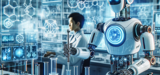 Ein fortschrittlicher Electrolab-Laborroboter führt autonom ein komplexes Experiment in einem hochmodernen Forschungslabor durch, während ein Wissenschaftler im Hintergrund die Prozesse überwacht. Der Roboter symbolisiert die Verschmelzung von Künstlicher Intelligenz und wissenschaftlicher Präzision, die eine neue Ära in der experimentellen Forschung einläutet.