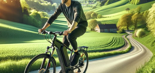 User You Ein glücklicher Radfahrer genießt eine Fahrt auf einem modernen E-Bike auf einer malerischen Landstraße, umgeben von grüner Landschaft im Frühling.