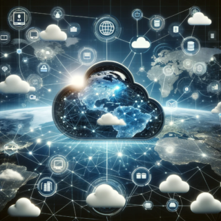 Das Bild zeigt eine digitale Collage, die die Cloud-Dienste von Microsoft Azure darstellt, mit abstrakten Wolkenformen, die durch futuristische digitale Netzwerke verbunden sind. Leuchtende Knotenpunkte symbolisieren Datenzentren auf der ganzen Welt, während Icons für verschiedene Cloud-Computing-Elemente wie Speicher, KI und IoT-Geräte umher schweben, eingebettet in den Hintergrund einer digitalen Weltkarte. Die Szene vermittelt Vernetzung, Innovation und den umfassenden Maßstab des Cloud-Computings, in einer Farbpalette aus Azure-Blau, Weiß und Grau, die mit der Markenidentität von Microsoft Azure harmoniert.