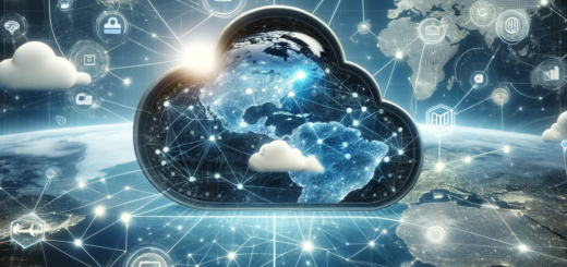 Das Bild zeigt eine digitale Collage, die die Cloud-Dienste von Microsoft Azure darstellt, mit abstrakten Wolkenformen, die durch futuristische digitale Netzwerke verbunden sind. Leuchtende Knotenpunkte symbolisieren Datenzentren auf der ganzen Welt, während Icons für verschiedene Cloud-Computing-Elemente wie Speicher, KI und IoT-Geräte umher schweben, eingebettet in den Hintergrund einer digitalen Weltkarte. Die Szene vermittelt Vernetzung, Innovation und den umfassenden Maßstab des Cloud-Computings, in einer Farbpalette aus Azure-Blau, Weiß und Grau, die mit der Markenidentität von Microsoft Azure harmoniert.