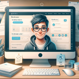 Das Bild zeigt eine Person, die selbstbewusst und zufrieden vor einem Computermonitor sitzt, auf dem eine klare und benutzerfreundliche WordPress-Dashboard-Ansicht zu sehen ist. Im Hintergrund sind Notizen mit WordPress-Tipps und -Tricks erkennbar, was auf eine organisierte und produktive Arbeitsumgebung hinweist.