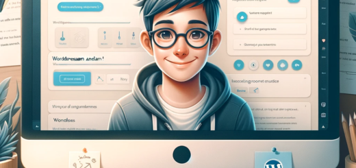 Das Bild zeigt eine Person, die selbstbewusst und zufrieden vor einem Computermonitor sitzt, auf dem eine klare und benutzerfreundliche WordPress-Dashboard-Ansicht zu sehen ist. Im Hintergrund sind Notizen mit WordPress-Tipps und -Tricks erkennbar, was auf eine organisierte und produktive Arbeitsumgebung hinweist.