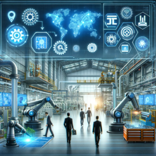 A futuristic industrial factory with robots working alongside humans advanced machinery digital interfaces and IoT devices seamlessly integrated