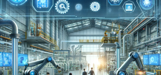 A futuristic industrial factory with robots working alongside humans advanced machinery digital interfaces and IoT devices seamlessly integrated