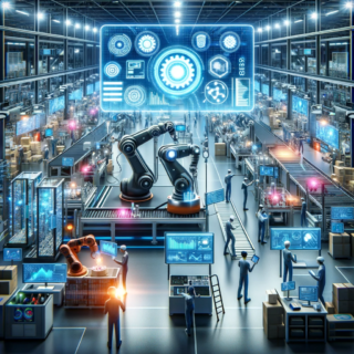 Es zeigt eine futuristische Smart Factory-Ebene mit fortgeschrittenen Robotern, intelligenten Fördersystemen und Arbeitern, die mit moderner Technologie interagieren.