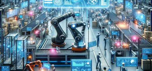 Es zeigt eine futuristische Smart Factory-Ebene mit fortgeschrittenen Robotern, intelligenten Fördersystemen und Arbeitern, die mit moderner Technologie interagieren.