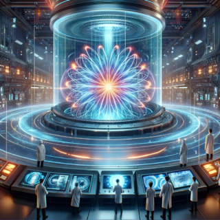 A futuristic and clean energy concept illustration featuring a high-tech fusion reactor at the center, surrounded by bright plasma contained by magnet