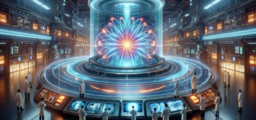 A futuristic and clean energy concept illustration featuring a high-tech fusion reactor at the center, surrounded by bright plasma contained by magnet