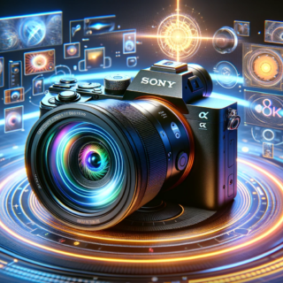 An enthusiastic digital art representation of the speculated Sony Alpha 7V camera featuring a 61 megapixel sensor visible on the top of the camera