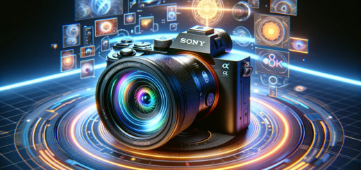 An enthusiastic digital art representation of the speculated Sony Alpha 7V camera featuring a 61 megapixel sensor visible on the top of the camera