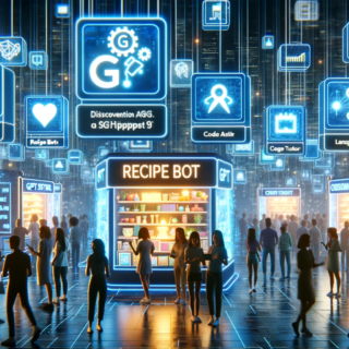 Es zeigt eine dynamische, digitale Szene, die einen futuristischen Marktplatz mit leuchtenden digitalen Ständen veranschaulicht, an denen unterschiedliche GPT-Anwendungen präsentiert werden.