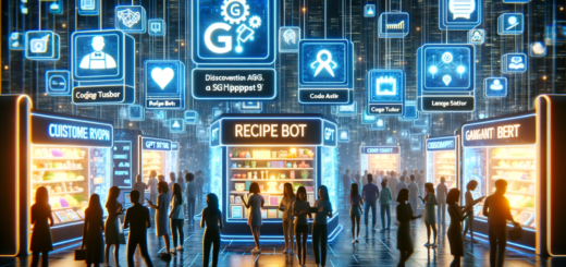 Es zeigt eine dynamische, digitale Szene, die einen futuristischen Marktplatz mit leuchtenden digitalen Ständen veranschaulicht, an denen unterschiedliche GPT-Anwendungen präsentiert werden.