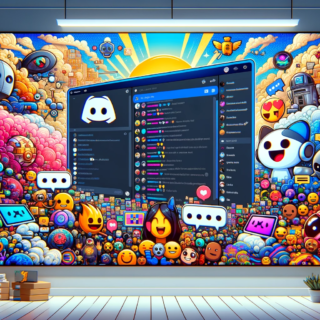 A wide image depicting a digital collage of Discord's interface showcasing diverse features like text channels, voice chat, custom emojis, and bots in