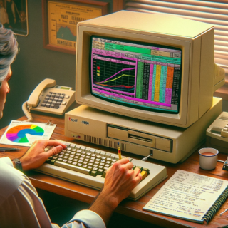 Das Bild ist nun erstellt und spiegelt einen typischen Lernmoment in den 1990er Jahren wider, mit einem Fokus auf Excel. Es vermittelt die Atmosphäre eines Büros aus dieser Zeit, während es sich um das Erlernen neuer Softwarefunktionen dreht.