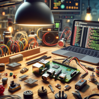 Hier ist ein Bild, das den Raspberry Pi 5 in einer technikbegeisterten Heim-Umgebung darstellt. Es zeigt den Raspberry Pi 5 auf einem Arbeitstisch, umgeben von verschiedenen technischen Gadgets wie Sensoren, Aktuatoren und einem kleinen Display, das Code anzeigt. Die Szene vermittelt den Eindruck eines kreativen und modernen Heimtechnologieprojekts und betont die Fähigkeiten und das Potenzial des Raspberry Pi 5 in der Heimautomation und DIY-Technikprojekten.