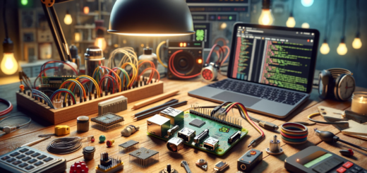 Hier ist ein Bild, das den Raspberry Pi 5 in einer technikbegeisterten Heim-Umgebung darstellt. Es zeigt den Raspberry Pi 5 auf einem Arbeitstisch, umgeben von verschiedenen technischen Gadgets wie Sensoren, Aktuatoren und einem kleinen Display, das Code anzeigt. Die Szene vermittelt den Eindruck eines kreativen und modernen Heimtechnologieprojekts und betont die Fähigkeiten und das Potenzial des Raspberry Pi 5 in der Heimautomation und DIY-Technikprojekten.