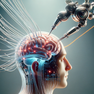 Ein realistisches Foto im Querformat, das die fortgeschrittene Gehirn-Computer-Interface-Technologie von Neuralink zeigt. Das Bild enthält dünne Elektrodenstränge, einen robotergestützten chirurgischen Ansatz und visualisiert die Kommunikation zwischen dem menschlichen Gehirn und einer Maschine. Es soll die Vision von Neuralink, medizinische Fortschritte und die potenzielle Mensch-KI-Symbiose darstellen, mit subtilen Hinweisen auf ethische und regulatorische Aspekte der Technologie. Der Stil sollte futuristisch und inspirierend sein, um die revolutionäre Natur von Neuralinks Arbeit zu betonen.