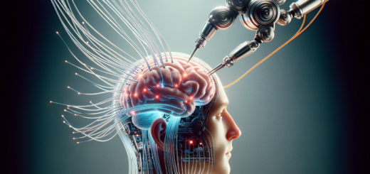 Ein realistisches Foto im Querformat, das die fortgeschrittene Gehirn-Computer-Interface-Technologie von Neuralink zeigt. Das Bild enthält dünne Elektrodenstränge, einen robotergestützten chirurgischen Ansatz und visualisiert die Kommunikation zwischen dem menschlichen Gehirn und einer Maschine. Es soll die Vision von Neuralink, medizinische Fortschritte und die potenzielle Mensch-KI-Symbiose darstellen, mit subtilen Hinweisen auf ethische und regulatorische Aspekte der Technologie. Der Stil sollte futuristisch und inspirierend sein, um die revolutionäre Natur von Neuralinks Arbeit zu betonen.