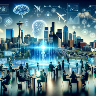 Das Bild visualisiert das Thema der Microsoft Ignite 2023 Konferenz mit Schwerpunkt auf Künstlicher Intelligenz und deren Einfluss auf die Transformation von Unternehmen und Organisationen. Es zeigt eine dynamische und futuristische Darstellung mit Elementen, die KI symbolisieren, eingebettet in eine moderne, technologische Umgebung.