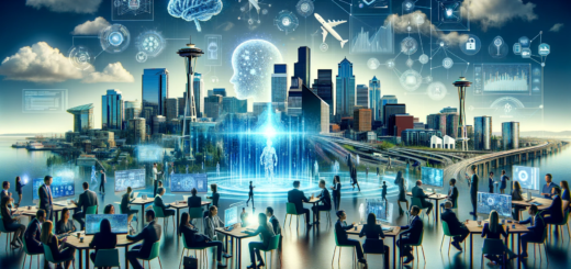 Das Bild visualisiert das Thema der Microsoft Ignite 2023 Konferenz mit Schwerpunkt auf Künstlicher Intelligenz und deren Einfluss auf die Transformation von Unternehmen und Organisationen. Es zeigt eine dynamische und futuristische Darstellung mit Elementen, die KI symbolisieren, eingebettet in eine moderne, technologische Umgebung.