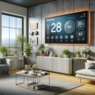 Das Bild im Querformat für Ihren Artikel wurde erstellt. Es zeigt ein modernes, intelligentes Wohnzimmer, ausgestattet mit Homematic IP Technologie, einschließlich Heizkörpern unter den Fenstern.