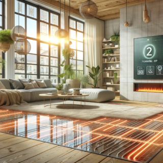 Ein gemütliches, modernes Wohnzimmer mit sichtbarer Fußbodenheizung. Der Raum hat große Fenster, durch die Tageslicht strömt und die die hellen Holzmöbel und den cremefarbenen Teppich betont. Eine große, graue L-förmige Couch lädt zum Entspannen ein, während ein niedriger Couchtisch aus Glas und Holz für Ablagefläche sorgt. Ein Kamin in der Ecke schafft zusätzliche Wärme und Atmosphäre. Die Zimmerpflanzen verleihen dem Raum einen Hauch von Natur. Der Gesamteindruck ist einladend und gemütlich.