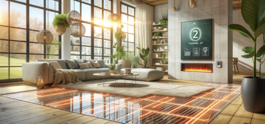 Ein gemütliches, modernes Wohnzimmer mit sichtbarer Fußbodenheizung. Der Raum hat große Fenster, durch die Tageslicht strömt und die die hellen Holzmöbel und den cremefarbenen Teppich betont. Eine große, graue L-förmige Couch lädt zum Entspannen ein, während ein niedriger Couchtisch aus Glas und Holz für Ablagefläche sorgt. Ein Kamin in der Ecke schafft zusätzliche Wärme und Atmosphäre. Die Zimmerpflanzen verleihen dem Raum einen Hauch von Natur. Der Gesamteindruck ist einladend und gemütlich.