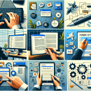 Hier ist eine bildliche Darstellung, die sieben Tipps für schnelleres und effektiveres Arbeiten in Microsoft Word zeigt. Jedes Bild repräsentiert einen der besprochenen Tipps und vermittelt einen Eindruck von Produktivität und Effizienz im professionellen Büro-Umfeld.