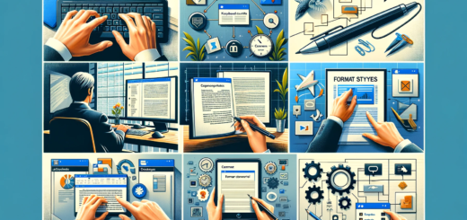 Hier ist eine bildliche Darstellung, die sieben Tipps für schnelleres und effektiveres Arbeiten in Microsoft Word zeigt. Jedes Bild repräsentiert einen der besprochenen Tipps und vermittelt einen Eindruck von Produktivität und Effizienz im professionellen Büro-Umfeld.