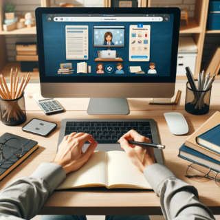 User Ein Bild, das eine Person zeigt, die in einem gut organisierten Homeoffice-Arbeitsplatz arbeitet, mit einem Laptop, Notizbüchern und einem Smartphone. Im Hintergrund ist ein weiterer Bildschirm zu sehen, auf dem eine Online-Lernplattform für Kinder geöffnet ist, um die Dualität von Homeoffice und Homeschooling zu veranschaulichen.