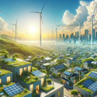 Das Bild zeigt eine futuristische urbane Landschaft, die eine harmonische Integration verschiedener erneuerbarer Energiequellen darstellt, einschließlich Solarpanels auf den Dächern und Windturbinen in der Ferne, umgeben von üppigem Grün unter einem klaren blauen Himmel. Dieses Bild kann als visuelle Darstellung Ihrer Vision für die Zukunft der urbanen Energieversorgung mit erneuerbaren Energien dienen.