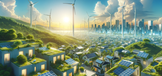 Das Bild zeigt eine futuristische urbane Landschaft, die eine harmonische Integration verschiedener erneuerbarer Energiequellen darstellt, einschließlich Solarpanels auf den Dächern und Windturbinen in der Ferne, umgeben von üppigem Grün unter einem klaren blauen Himmel. Dieses Bild kann als visuelle Darstellung Ihrer Vision für die Zukunft der urbanen Energieversorgung mit erneuerbaren Energien dienen.
