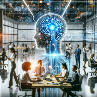 Das Bild im Querformat, das eine moderne Marketingumgebung mit einem künstlichen Intelligenz-System darstellt, wurde erstellt. Es zeigt diverse Marketingprofis, die interaktiv mit der Technologie arbeiten, in einem hell erleuchteten und futuristischen Büro.