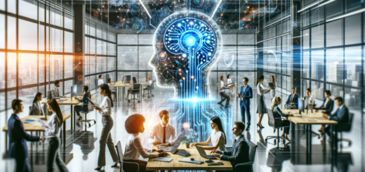 Das Bild im Querformat, das eine moderne Marketingumgebung mit einem künstlichen Intelligenz-System darstellt, wurde erstellt. Es zeigt diverse Marketingprofis, die interaktiv mit der Technologie arbeiten, in einem hell erleuchteten und futuristischen Büro.