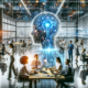Das Bild im Querformat, das eine moderne Marketingumgebung mit einem künstlichen Intelligenz-System darstellt, wurde erstellt. Es zeigt diverse Marketingprofis, die interaktiv mit der Technologie arbeiten, in einem hell erleuchteten und futuristischen Büro.