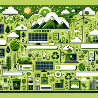 Hier ist die Infografik im Querformat, die nachhaltige Technologieinitiativen in der Tech-Industrie darstellt. Sie enthält Symbole und Illustrationen, die erneuerbare Energiequellen wie Solarpanels und Windturbinen, grünes Computing, Recycling von Elektronikschrott und die Reduzierung des CO2-Fußabdrucks repräsentieren. Die Farbgebung ist erdig und grün, um die Themen Umweltfreundlichkeit und Nachhaltigkeit zu betonen