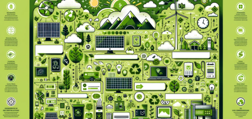 Hier ist die Infografik im Querformat, die nachhaltige Technologieinitiativen in der Tech-Industrie darstellt. Sie enthält Symbole und Illustrationen, die erneuerbare Energiequellen wie Solarpanels und Windturbinen, grünes Computing, Recycling von Elektronikschrott und die Reduzierung des CO2-Fußabdrucks repräsentieren. Die Farbgebung ist erdig und grün, um die Themen Umweltfreundlichkeit und Nachhaltigkeit zu betonen