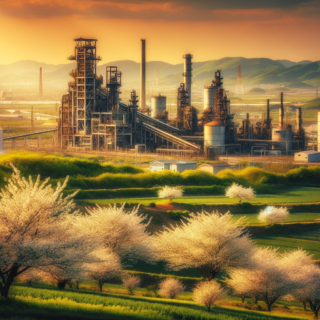 Das Bild, das die Schwerindustrie im Vordergrund und blühende Landschaften im Hintergrund zeigt, wurde erstellt. Es veranschaulicht die Koexistenz von Industrie und Natur.