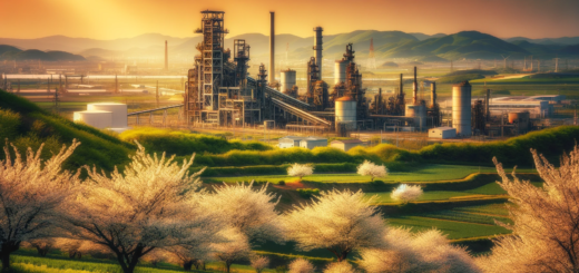 Das Bild, das die Schwerindustrie im Vordergrund und blühende Landschaften im Hintergrund zeigt, wurde erstellt. Es veranschaulicht die Koexistenz von Industrie und Natur.