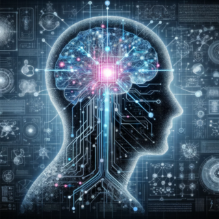 Das Bild zeigt eine menschenähnliche Silhouette, die mit einem Netz aus komplexen, digitalen Schaltkreisen und neuronalen Verbindungen überzogen ist. Im Zentrum der Silhouette befindet sich ein leuchtender Knoten, der als Symbol für das konzeptionelle Gehirn der AGI stehen kann und die zentrale Intelligenzquelle darstellt. Dieser Knoten ist mit verschiedenen Pfaden verbunden, die sich durch die Silhouette ziehen und ihre Fähigkeit zur Verarbeitung einer Vielzahl von Aufgaben und zum Lernen illustrieren.