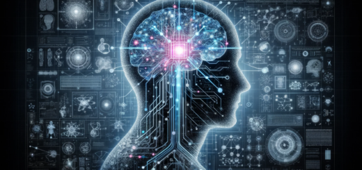 Das Bild zeigt eine menschenähnliche Silhouette, die mit einem Netz aus komplexen, digitalen Schaltkreisen und neuronalen Verbindungen überzogen ist. Im Zentrum der Silhouette befindet sich ein leuchtender Knoten, der als Symbol für das konzeptionelle Gehirn der AGI stehen kann und die zentrale Intelligenzquelle darstellt. Dieser Knoten ist mit verschiedenen Pfaden verbunden, die sich durch die Silhouette ziehen und ihre Fähigkeit zur Verarbeitung einer Vielzahl von Aufgaben und zum Lernen illustrieren.