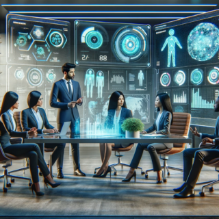 Bild im Querformat, das eine futuristische und lebendige Büroeinstellung mit einem diversen Team von Fachleuten zeigt, die über Künstliche Intelligenz in Vertrieb und Marketing diskutieren.